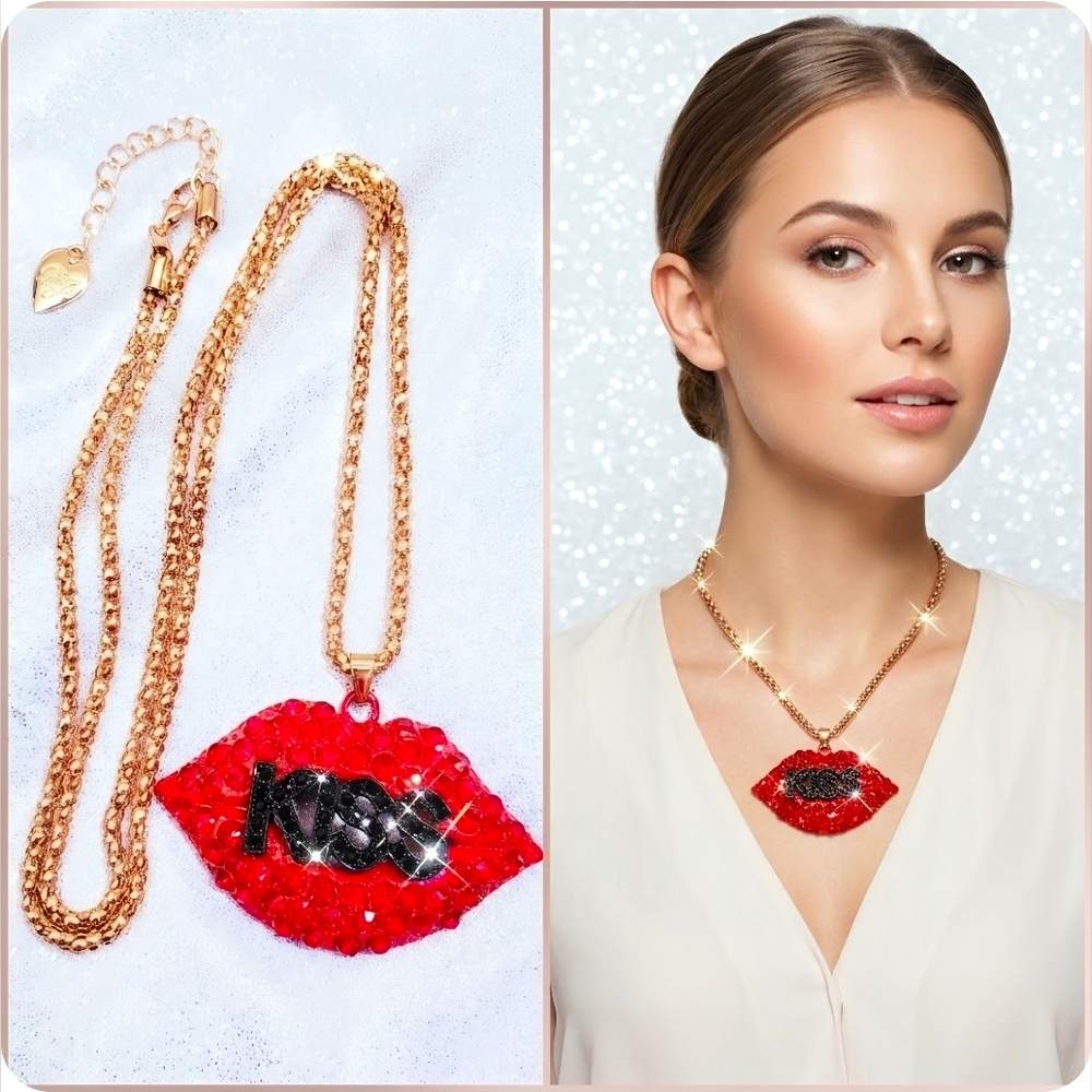 Gold Plated Red and black crystal red kiss lips pendant necklace